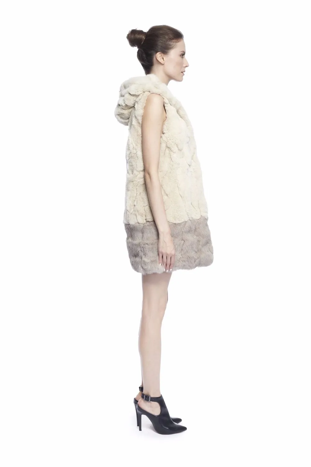 black puffer ZY88012 Women Elegant Real Winter Rex Rabbit Fur With Hooded Long Fur Vest Waistcoat Gilet Slim Fur Vest petite long puffer coat