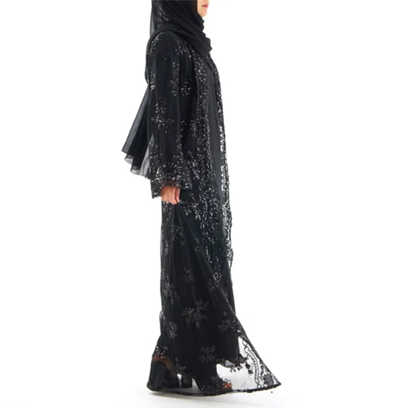New Muslim Women Summer Lace Sequin Cardigan Long Sleeve Maxi Dress Kimono Open Abaya Robe Kaftan Dubai #4F08 (2)