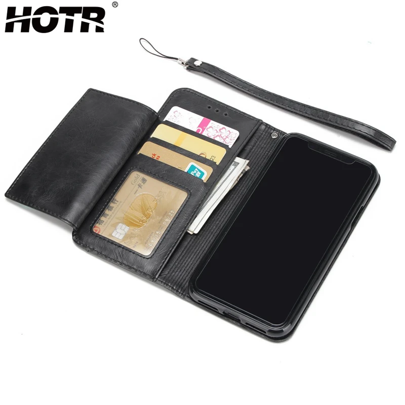 

HOTR Premium Leather Case Flip Wallet Cover with Handcord for iphone X/8/7/6 Plus Card Insert Full Protect Phone Bag Stand Case