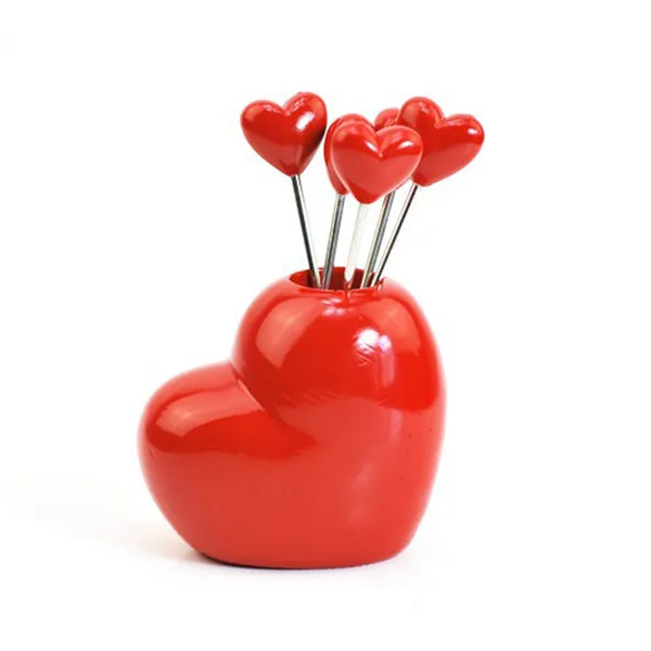 5 шт./компл. вилки для фруктов наборы красного сердца дизайн из нержавеющей стали смолы овощей столовая вилка наборы B4 - Цвет: 2