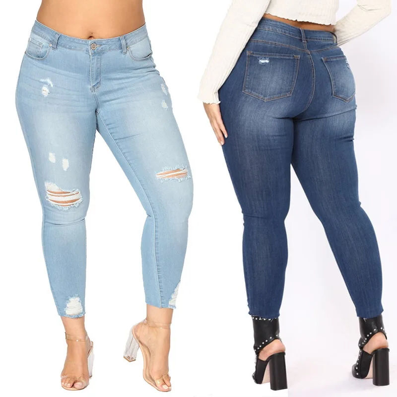 Laamei Для женщин Высокая Талия рваные, Стретч джинсы плюс Размеры колени потертые облегающие джинсы штаны для женщин и девушек, низ на лето и весну