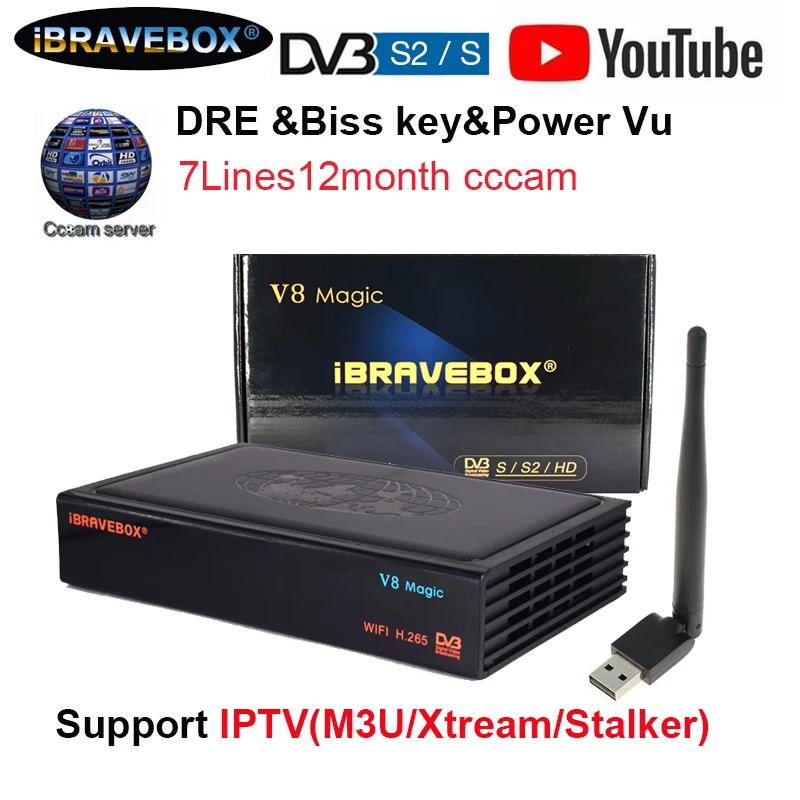 

iBRAVEBOX V8 MAGIC Satellite tv receiver Standard DVB-S2&IPTV for 7lines cccam Support PowerVu,DRE&Biss key YouTube PK V8 Nove