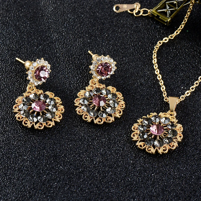 MISANANRYNE, модный Vinatge, золотой цвет, цепочка, ожерелье и кулоны, цветок, кристалл, висячие серьги, ювелирные наборы для женщин, лучший подарок