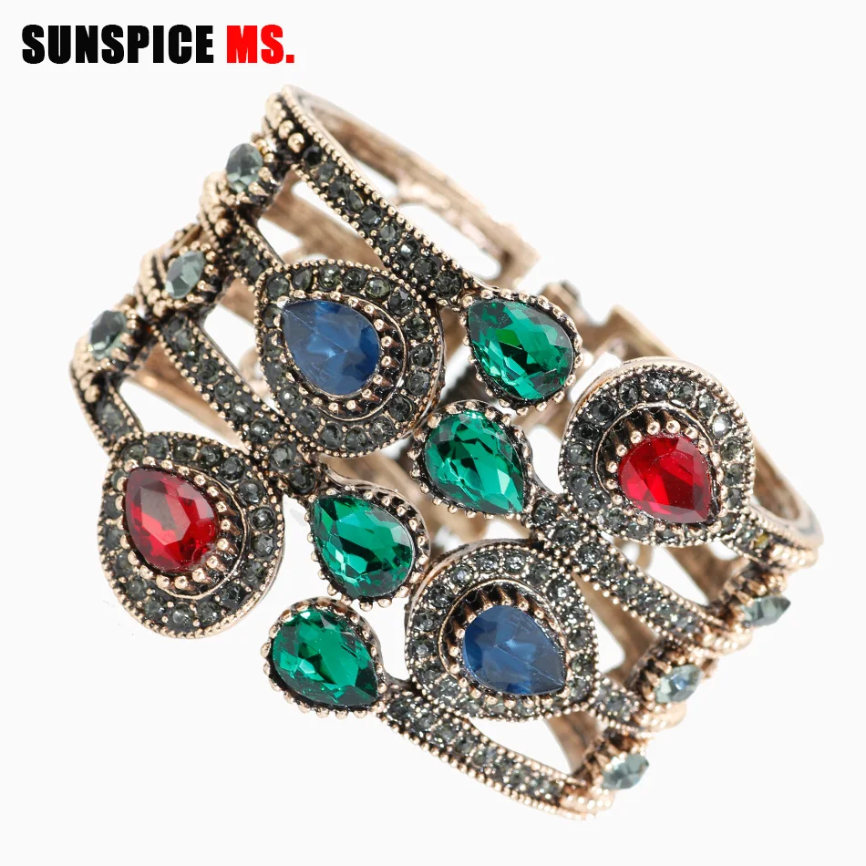 

SUNSPICE MS turkish ethnic bangle for women antique gold colorful crystal vintage indian cuff bracelets wedding jewelry gifts