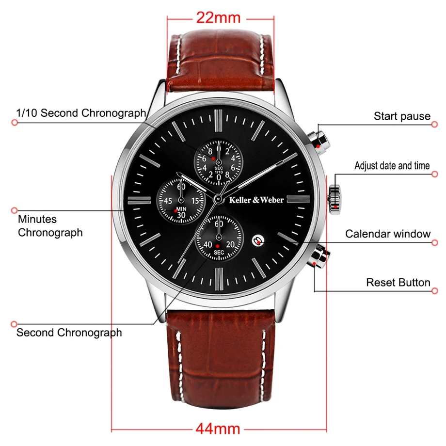 Keller & Weber Mens Watches 30m Waterproof Quartz Business Watches Date Display Genuine Leather Band Relogio Masculino Best Gift (17)