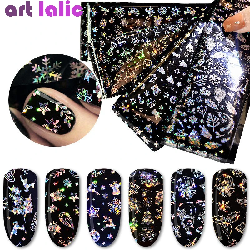 

4 Sheets Holographic Nail Art Transfer Stickers Decals New Year Dreamcatcher Snowflake Rose Flower Nail Foils Laser Nail Decor