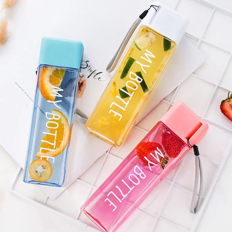 New Square Plastic My bottle 500ml for Water Bottles to drink with Rope Transparent or Frosted Sport Korean style Heat resistant