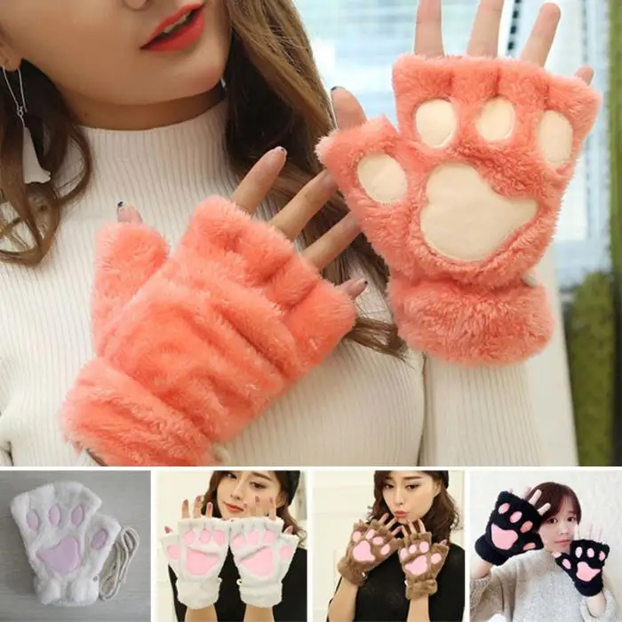Модные зимние женские плюшевые перчатки милый медведь кошачья лапа с когтями короткие женские перчатки без пальцев