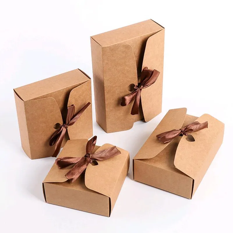 20pcs/lot Brown Kraft Cardboard Boxes Gift Packaging Paper Box With Ribbon 4 Sizes 2 Color 18091101