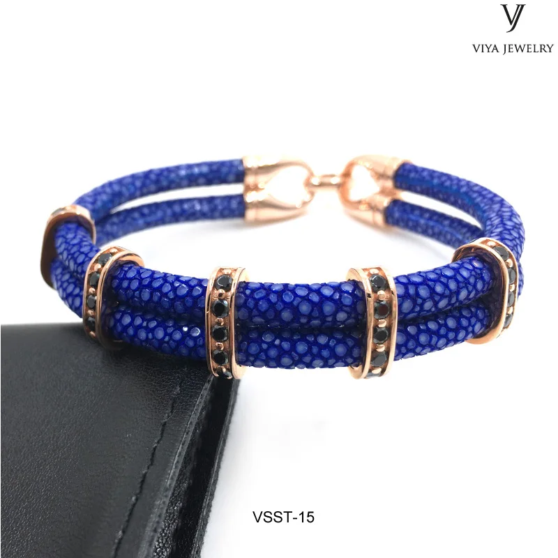 VSST-15 GENUINE BLUE STINGRAY LEATHER CORD WITH ROSE GOLD CLASPS ,MEN SILVER BRACELET (1)