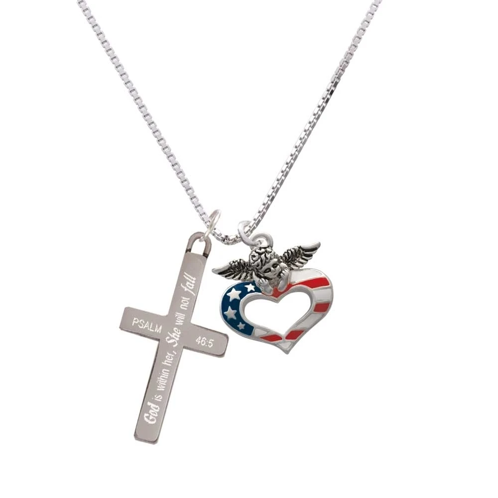 Patriotic Guardian Angel Heart - She will not Fall - Cross Necklace