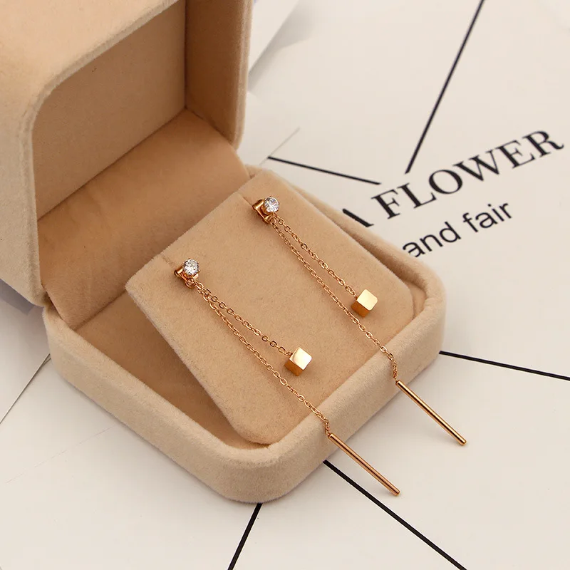 

Rose Gold Color Cube and Pole Geometric Shape Long Chain Drop Dangle Earrings for Women Fashion Eardrop Jewelry Gift