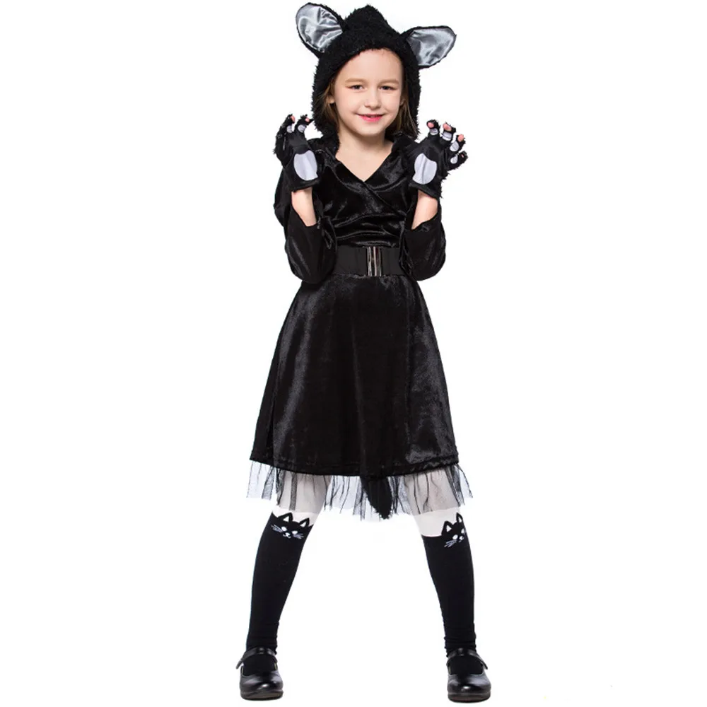 Black Cat Cosplay Halloween Carnival Costumes Set Kids Girls Children