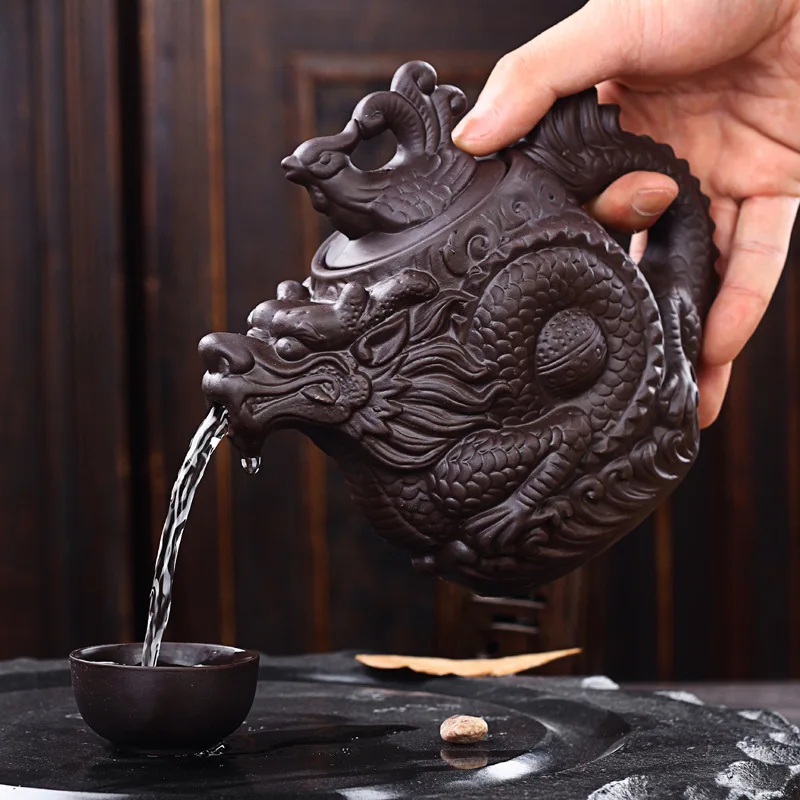 

Large High Quality Dragon Phoenix Dark-red Enameled Teapot Kettle Handmade Teapot Kung Fu Tea Home Decoration Collection Gift