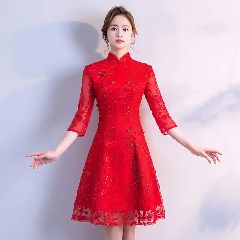 Новое летнее Мини Cheongsam модное китайское короткое стильное Qipao Восточное женское элегантное женское платье Вечерние тонкое платье Vestido Размер s-xxl - Цвет: Красный