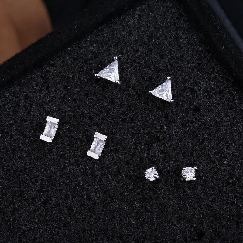 MIGGA 3 пары милые геометрические треугольные серьги-гвоздики серьги 925 стерлинговые серебряные иглы маленькие CZ циркониевые серьги