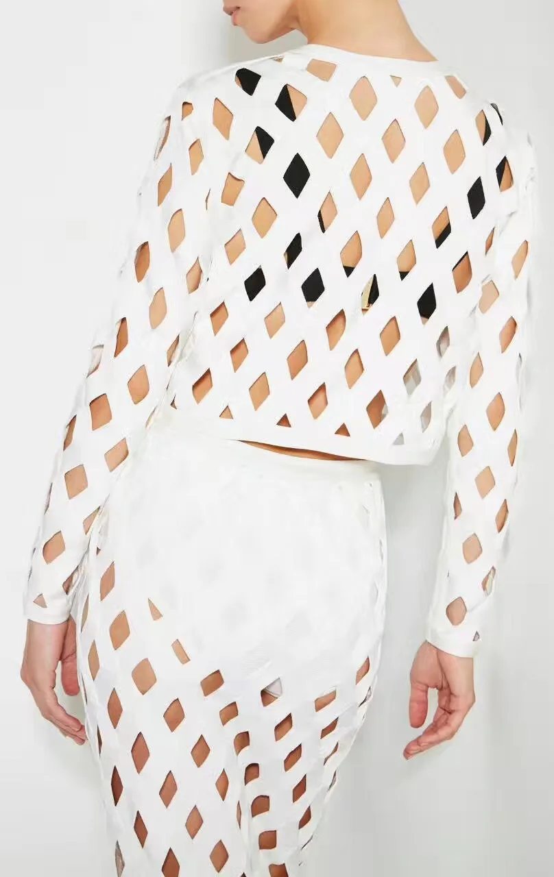 Hytrade 2018 White Elegant Runway Fashion Premium Cutout Jacquard Date Cocktail Bandage Two Three Piece Set Overlay Zigzag Sets Women's Sets