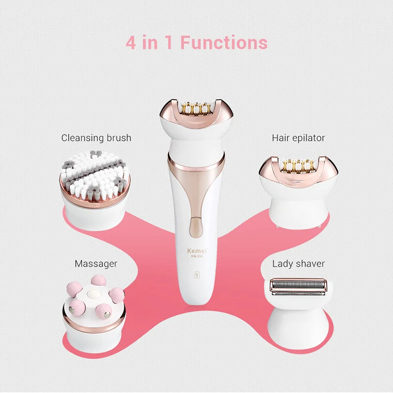 

Kemei 4in1 Multifunctional Rechargeable Beauty Kit Facial Hair Removal Epilator KM-296 Lady Shaver Face Cleaning Brush Massager