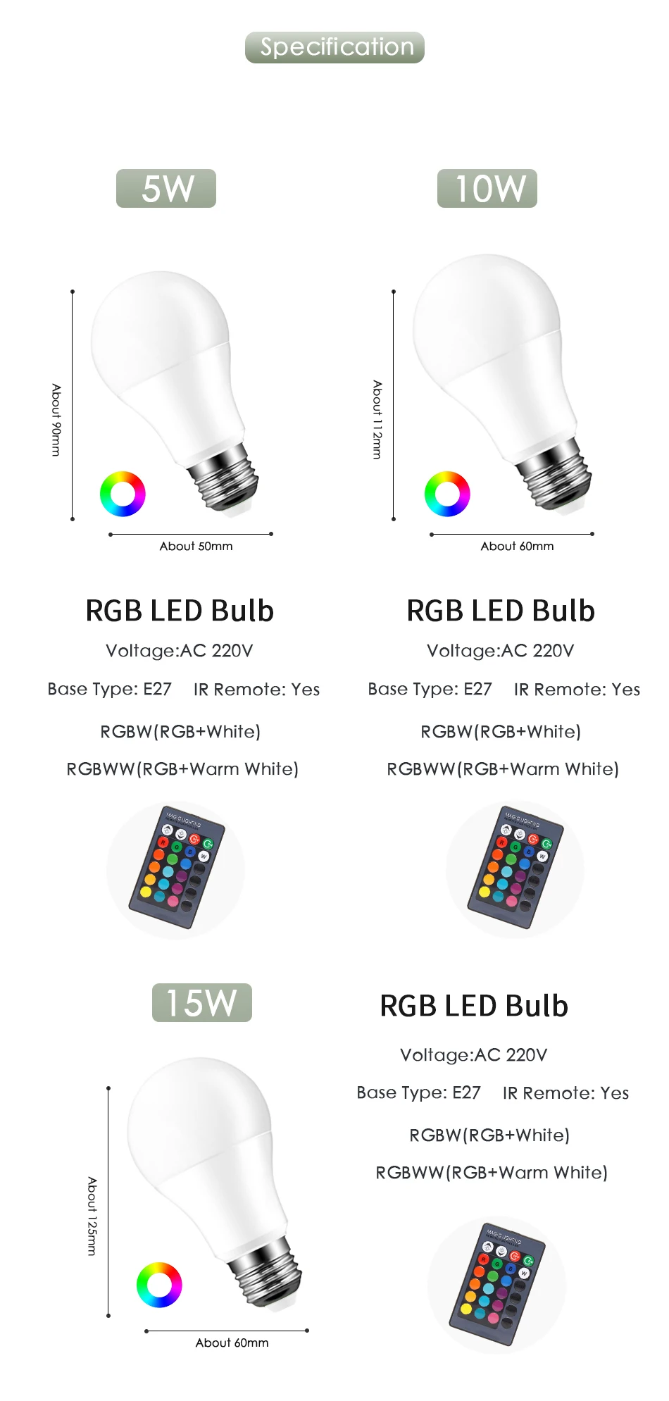 Светодиодный RGB Лампочка красочный светильник E27 RGB RGBW RGBWW 220 В ИК-пульт дистанционного управления с регулируемой яркостью 5 Вт 10 Вт 15 Вт ночник домашний декор праздничный Бар Рождество