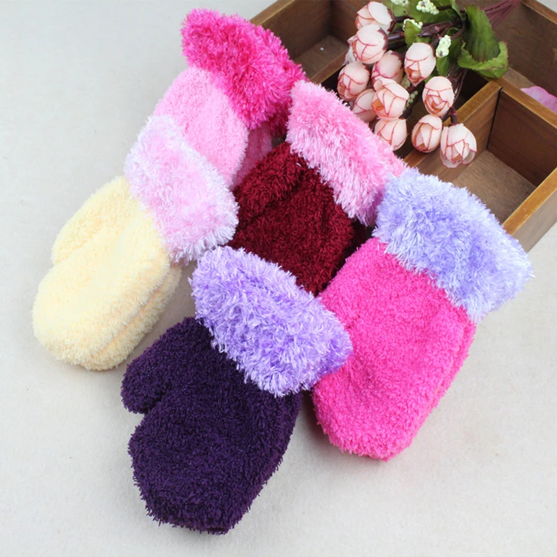 Children Gloves Pretty Girls Winter Pure Color Coral Fleece Glove Soft