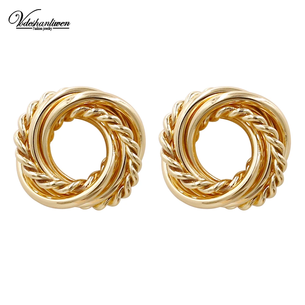 

Vodeshanliwen High Quality Gold Metal Round Earrings New Bohemian Trendy Geometric Stud Earrings For Women Fashion Jewelry