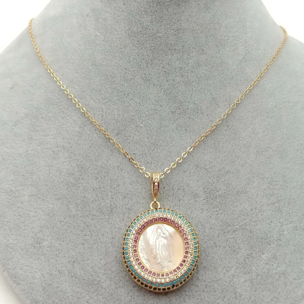 

17.5" White Shell Virgin Mary Colorful CZ Micro Pave Coin Pendant necklace