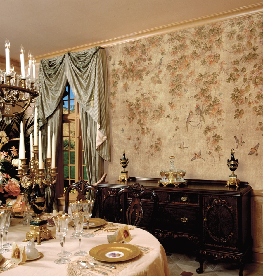 

Classic elegant Hand-painted silk wallpaper customized painting VINE with flower and birds many patterns and background optional