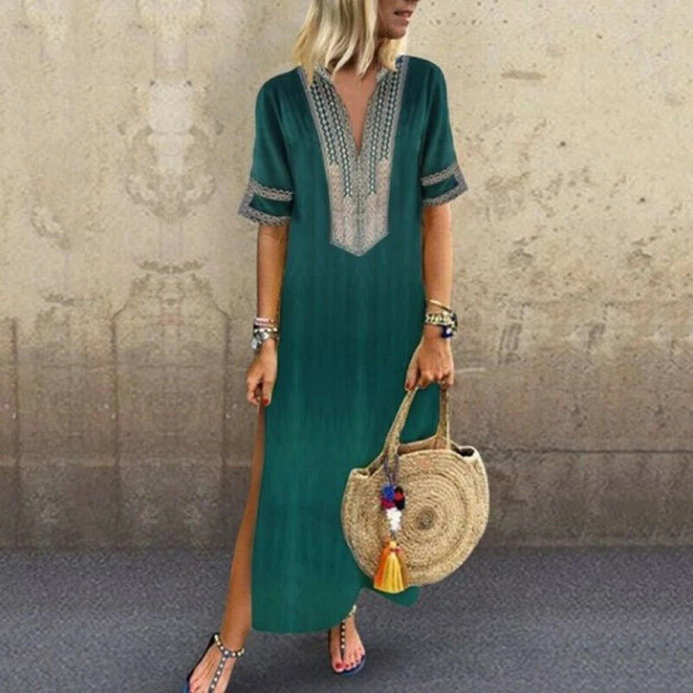 

Women Summer Dress Short Sleeve Boho Maxi Evening Party Dress V Neck Split Beach Dresses Loose Female Sundress Vestidos Robe 5XL