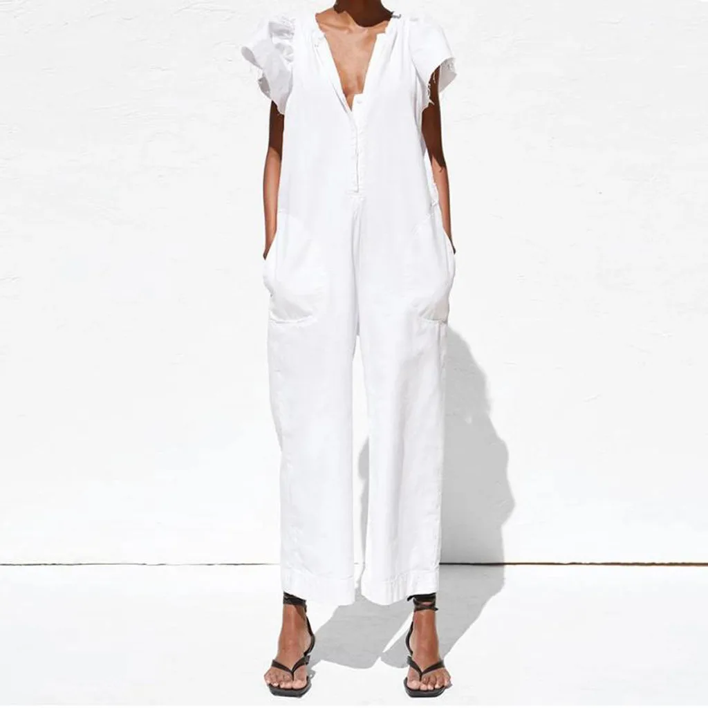 

Feitong Fashion Long Jumpsuit For Women 2019 Sexy White Bodysuits V-Neck Short Flare Sleeve Buttons Jumpsuit macacao feminino