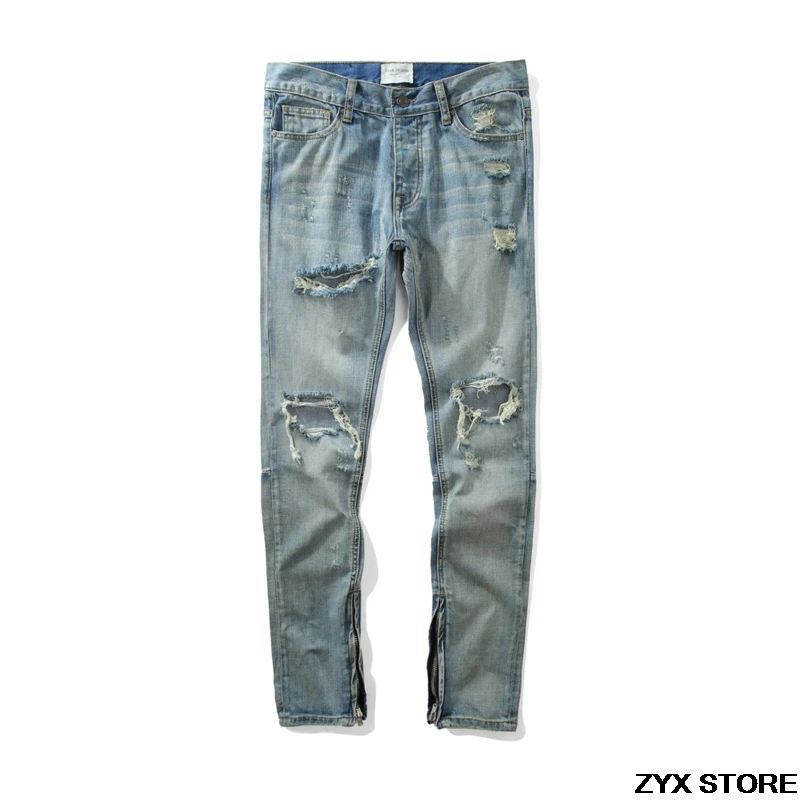

Best Version Fear Of God Men Destoryed Denim Jeans Hiphop Justin Bieber FOG Side Zipper Skinny Slim Fit Mens Distressed Jeans
