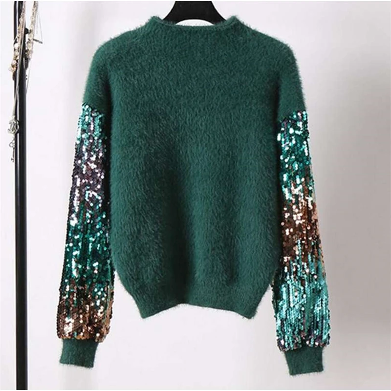 Флисовый Пушистый свитер с пайетками на рукавах для женщин; сезон осень-зима; уличный пушистый металлический вязаный джемпер; пуловеры