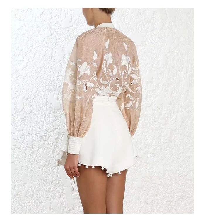 Cosmicchic лето для женщин дизайнер комплект из 2 предметов с длинным рукавом элегантный сексуальный лук Вышивка Блузка Белые шары шорты цветок пояса