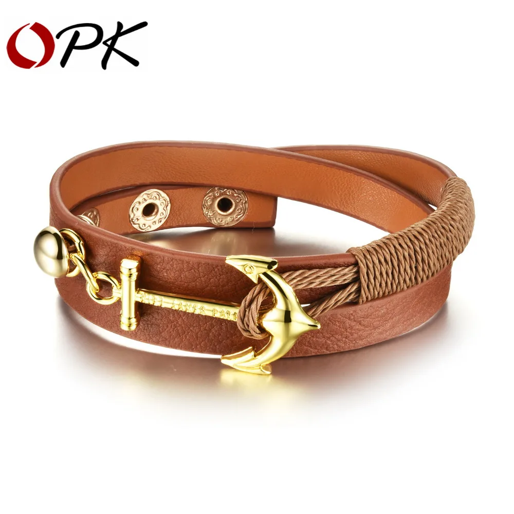OPK Anchor Design Mem Women Wrap Bracelets New Fashion Stainless Steel Classical Anchor Leather Bracelet Men