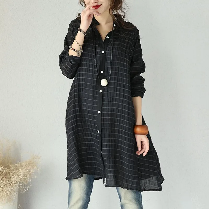 Acheter ZANZEA Femmes Élégantes Rayé Boutons Vers Le Bas Coton Lin Travail Chemisier Occasionnel Tournent Vers Le Bas Manches Longues Baggy Longue Chemise Top