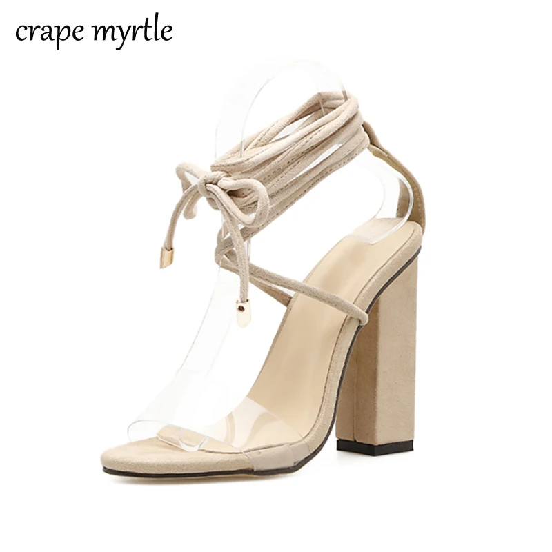 

Women Shoes Flock Gladiator Sandals Woman Summer Lace Up Transparent PVC Sandals Square Heels Summer Ladies Party Shoes YMA318