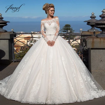 

Fmogl Sexy Boat Neck Long Sleeve Lace Wedding Dresses 2019 Elegant Appliques Beaded Sashes Court Train Vintage Bridal Gowns