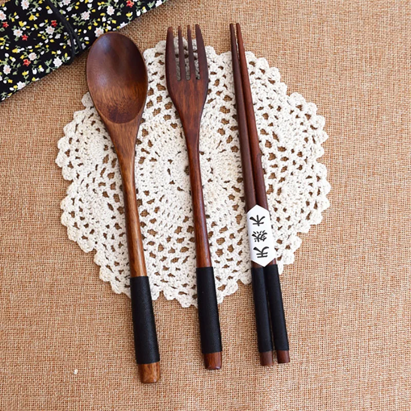 Wood Portable Tableware Travel Dinnerware Suit Wooden Cutlery Sets Environmental with Cloth Pack Gift