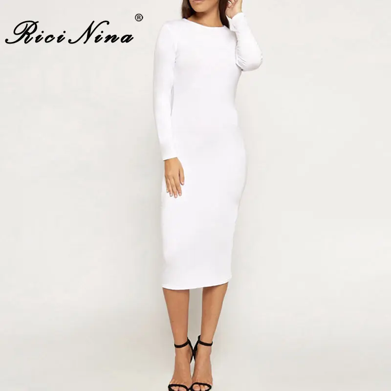 

RICININA 2019 Women Dress Woman O-Neck Long Sleeve Slim Midi Dress Vestidos Ladies Spring Autumn Casual Sexy Bodycon Dresses