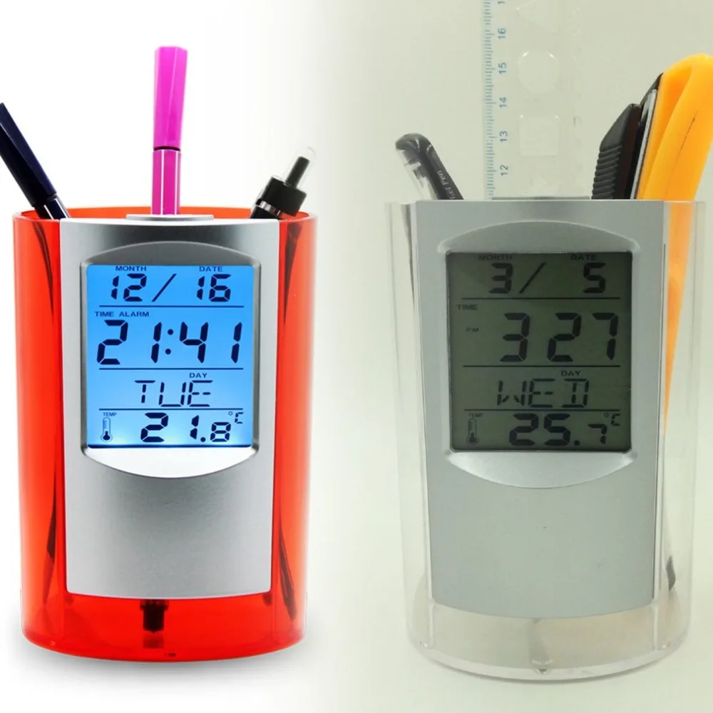 

NEW desk organizer Multifunctional transparent round pen holder calendar clock Pen holder and Electronic calendar LCD screen