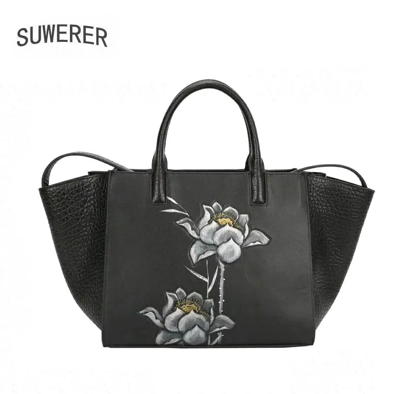 

SUWERER 2023 New women genuine leather bag famous brands Embossing flower fashion top cowhide big bag women leather handbags
