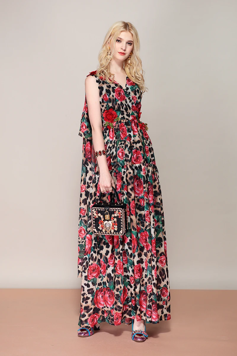 Женское платье с принтом LD LINDA DELLA, летнее длинное платье с v-образным вырезом, винтажное разноцветное платье с цветочным узором в виде роз и леопардовым принтом