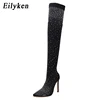 Eilyken 2022 Fashion Runway Crystal Stretch Fabric Sock Boots Pointy Toe Over-the-Knee Heel Thigh High Pointed Toe Woman Boot ► Photo 3/6