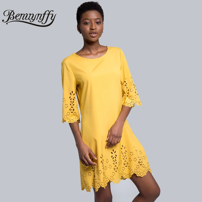 

Benuynffy Hollow Out Women Summer Dress 2019 Casual Solid Color Straight Mini Dress Female Half Sleeve Round Neck Short Dress