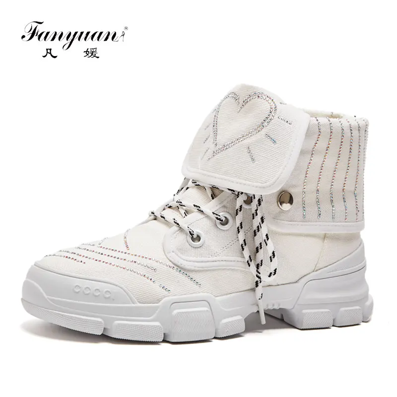 

Fanyuan Women Shoes Autumn Ankle Boots Casual Canvas Lace-Up Flat Platform Boots Bling Heart-Shaped Crystal Martin boots