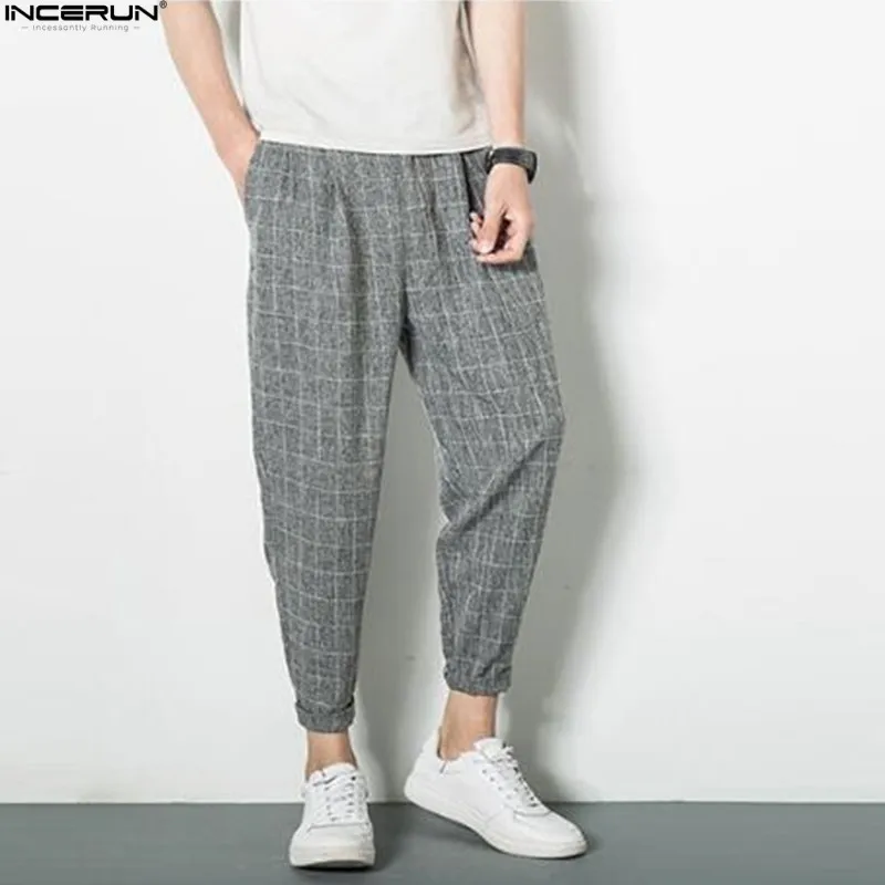 

INCERUN Casual Pants Men 2019 Fashion Plaid Pockets Trousers Male Retro Streetwear Harem Pants Joggers Men Harajuku Plus Size