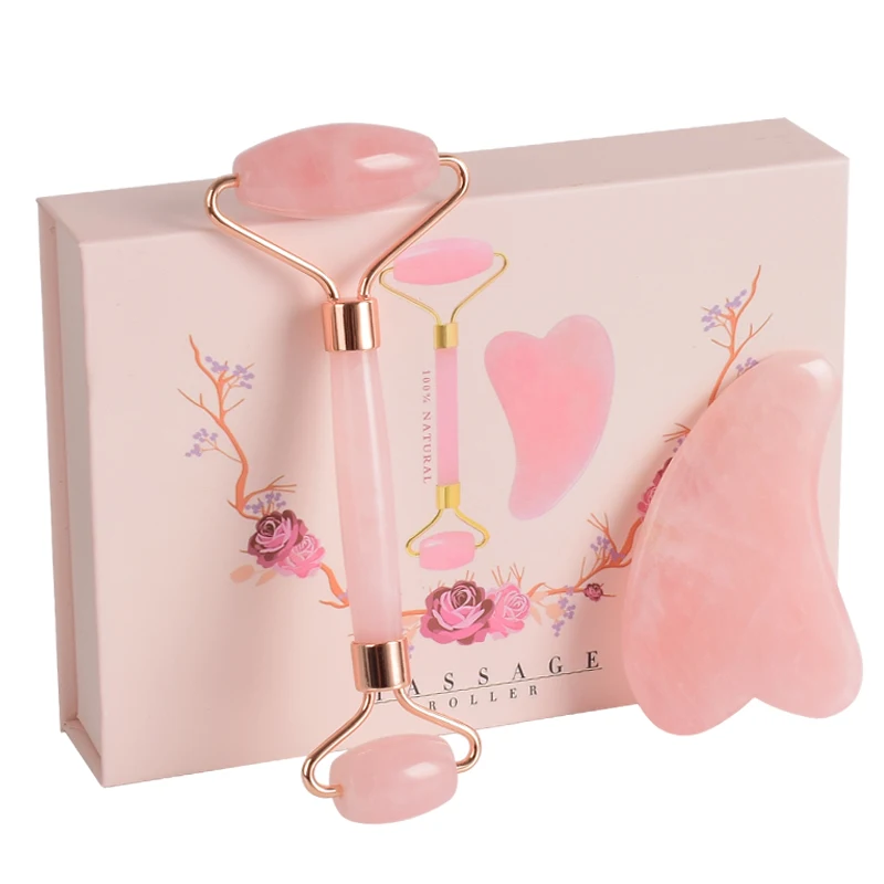 

Facial Masssage Roller Gua Sha Tool Set Natural Rose Quartz Face Back Acupuncture Massager Body Scraper Anti Aging Cellulite