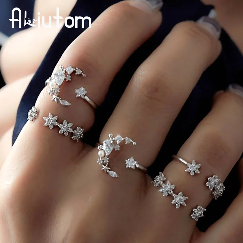 

ALIUTOM 5Pcs/Set Fashion Vintage Rings for Women Tiny Crystal Moon Finger Knuckles Ring Set Alliance Female Jewellery Party Gift