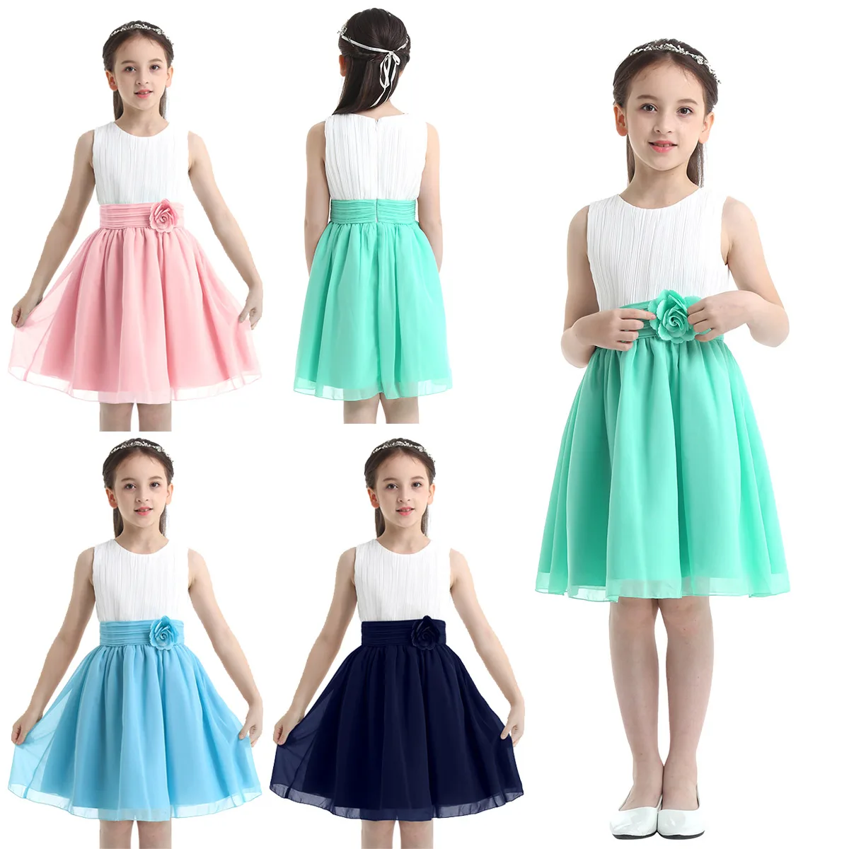 Flower Girls Chiffon Dresses 2020 Sleeveless Tulle Ball Gown Pageant Dresses For Girls First Communion Party Summer Tutu Dresses