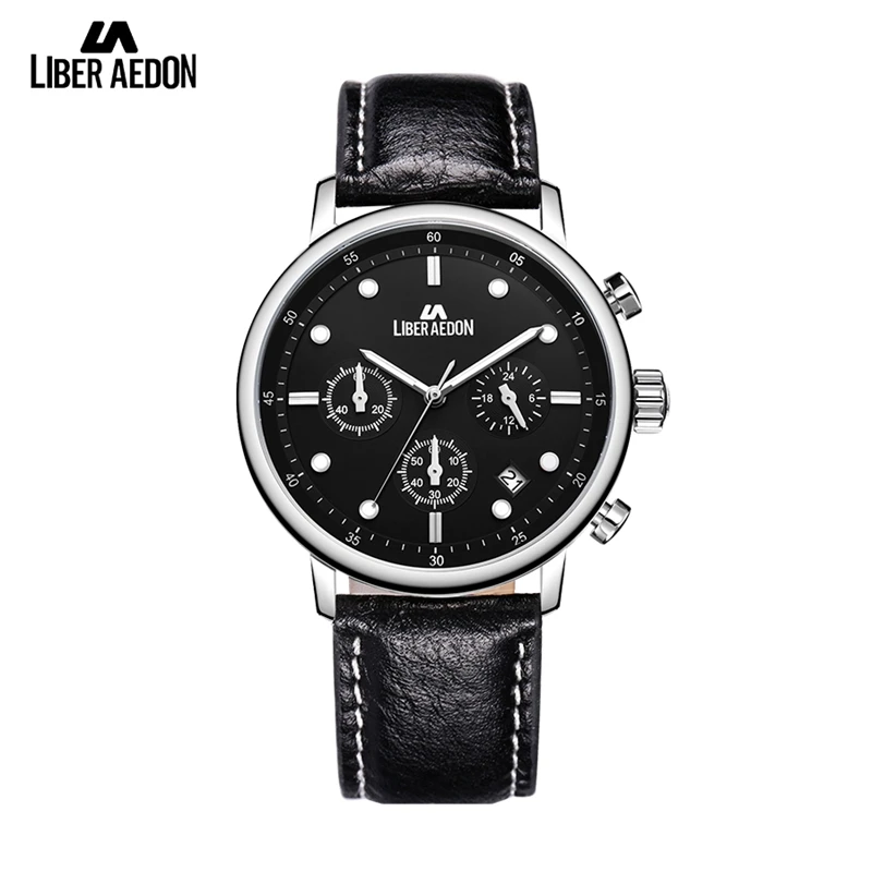 

Liber Aedon Fashion Men Watches Black Dial Date Display Quartz Analog Watch Waterproof Luxury Leather Wristwatch Top Brand Gift