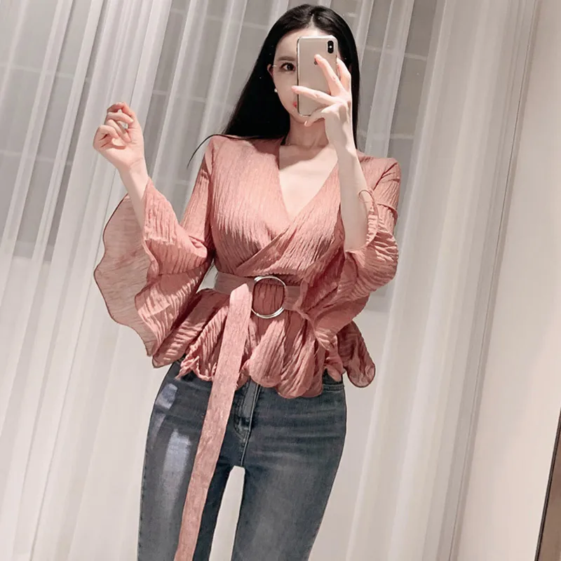 

lace up sashes casual office summer women shirt v-neck flare sleeve work OL Blouse japan korean women tops and blouses